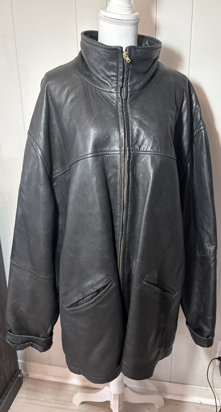 Kenneth Cole Reaction Jacket Black Leather Collared Pockets Insulated Sz 4XL